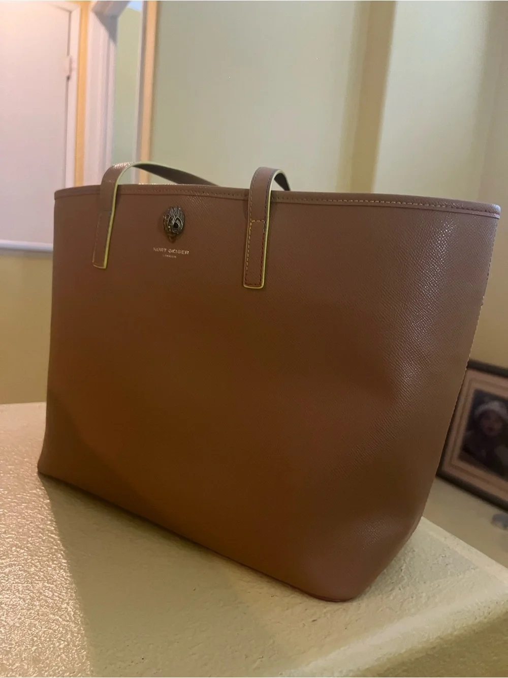 Kurt Geiger Tan Leather Tote with Gold Emblem 11”X17”